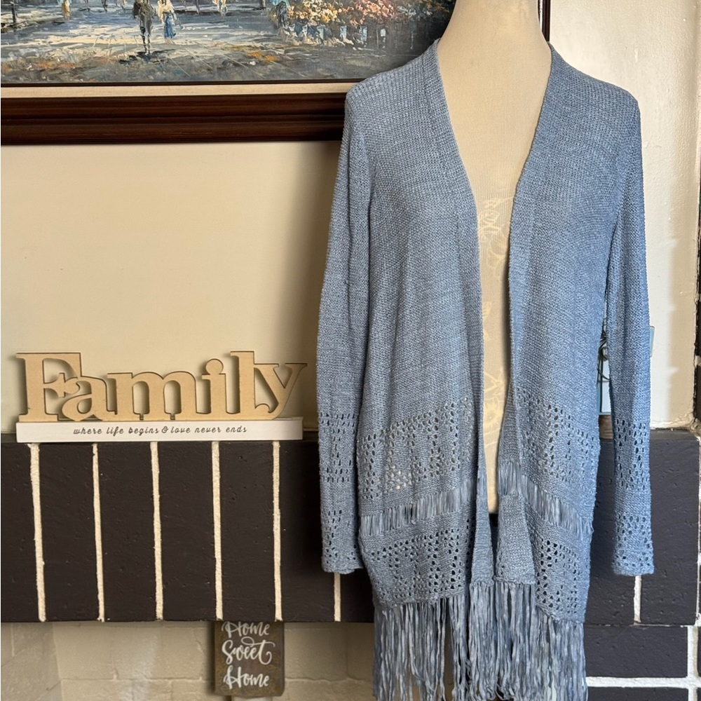 Michael Kors Bohemian Crocheted Blue Fringe Duster Sweater